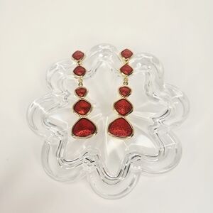 Vintage Red Translucent & Gold Tone Diamond Shaped Dangle Drop Fashion Earrings